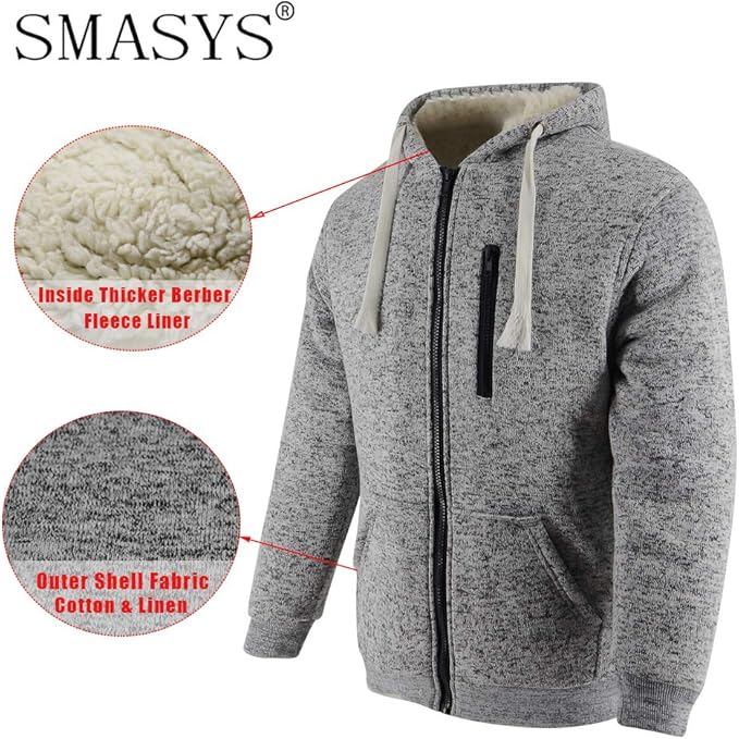 Hooded Sweatshirt, Heavyweight Warm Sport Hoodies, Thick Fleece Liner Full Zip Up Winter Work Sweater Jacket