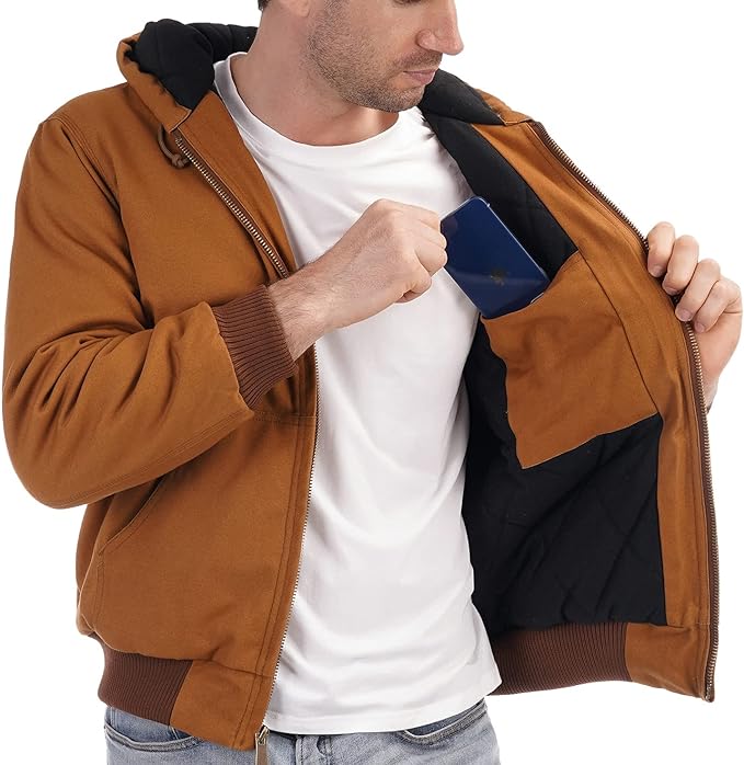 Loose Fit Quilted Flannel Lined Workwear Waterproof Active Jacket Hooded Work Coat