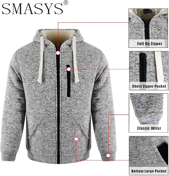 Hooded Sweatshirt, Heavyweight Warm Sport Hoodies, Thick Fleece Liner Full Zip Up Winter Work Sweater Jacket