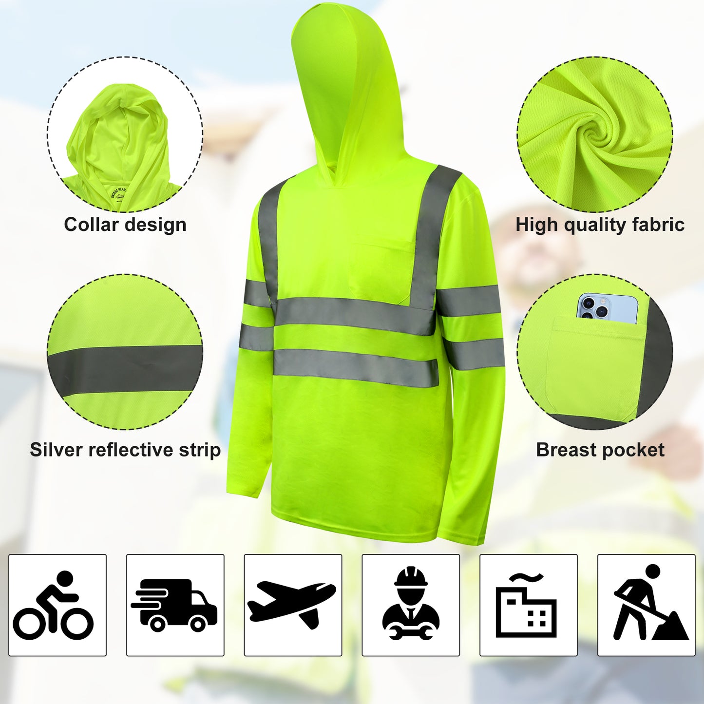 Hi-Vis Reflective Hooded long-sleeve shirts  ( 2 Pieces)